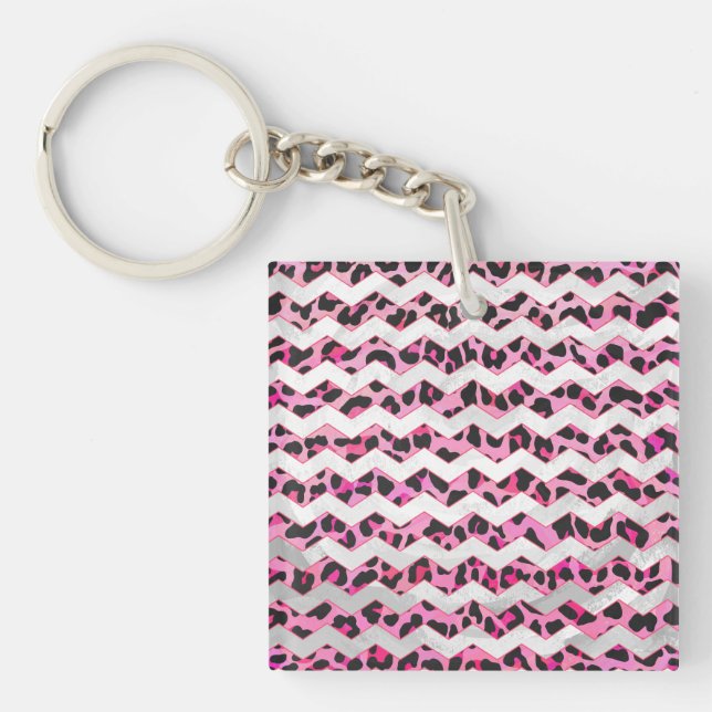 Leopard Black and Hot Pink Chevron Print Keychain (Front)