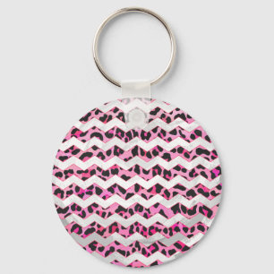 Leopard Black and Hot Pink Chevron Print Keychain