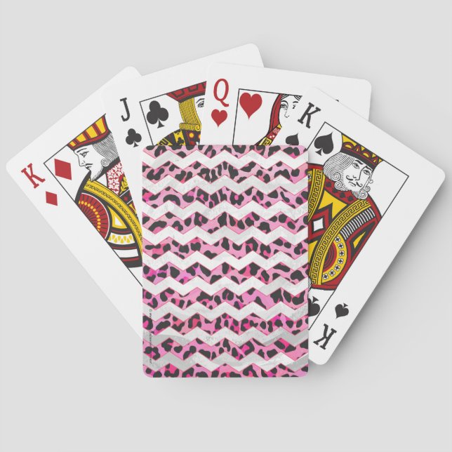 Leopard Black and Hot Pink Chevron Print Playing Cards (Back)