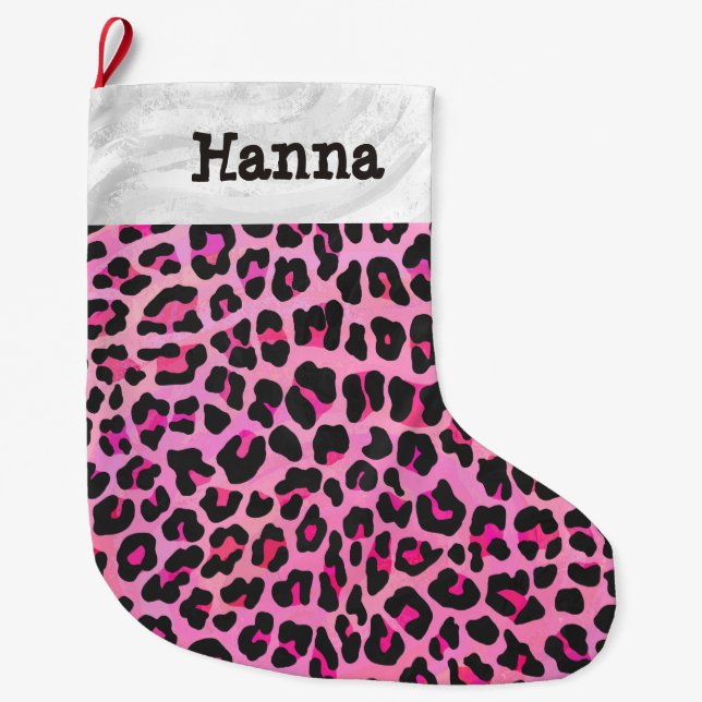 Leopard Black and Hot Pink Large Christmas Stocking (Front)