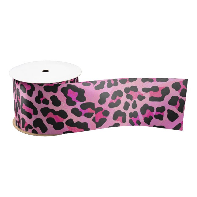 Leopard Black and Hot Pink Print Satin Ribbon (Spool)