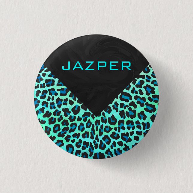 Leopard Black and Teal Print 1 Inch Round Button (Front)
