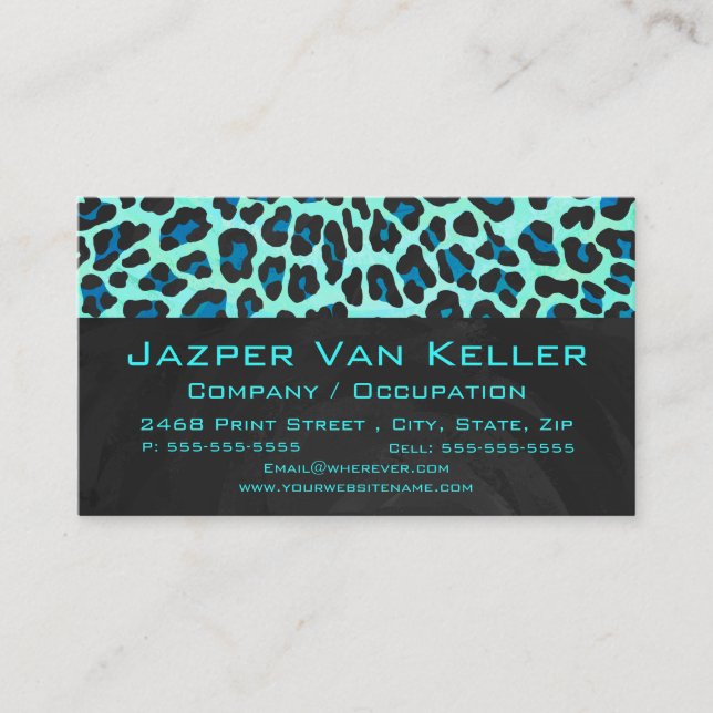Leopard Black and Teal Print Business Card (Front)