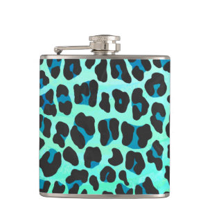 Leopard Black and Teal Print Hip Flask