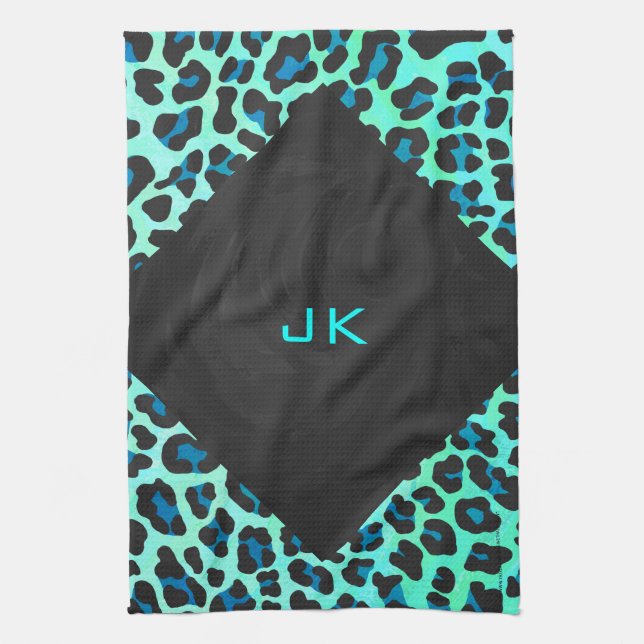 Leopard Black and Teal Print Kitchen Towel (Vertical)