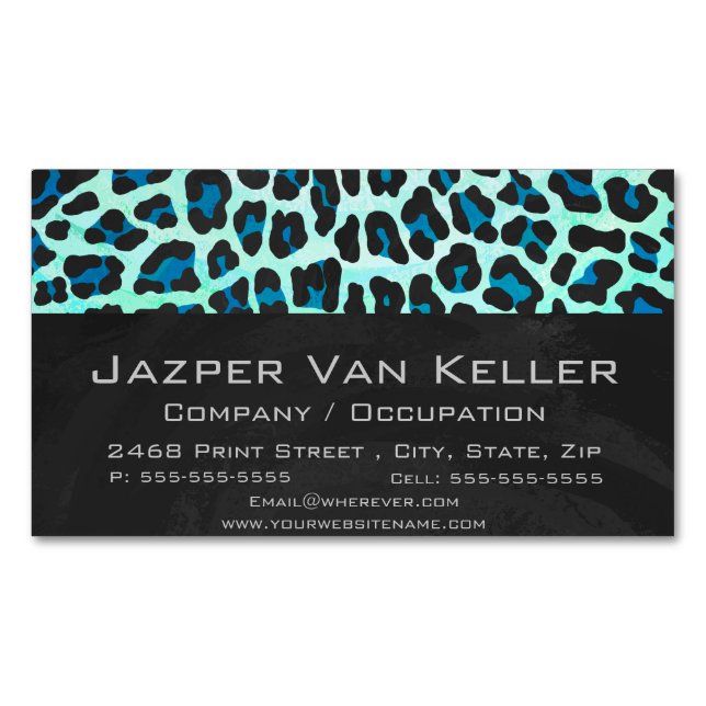 Leopard Black and Teal Print Magnetic Business Card (Front)