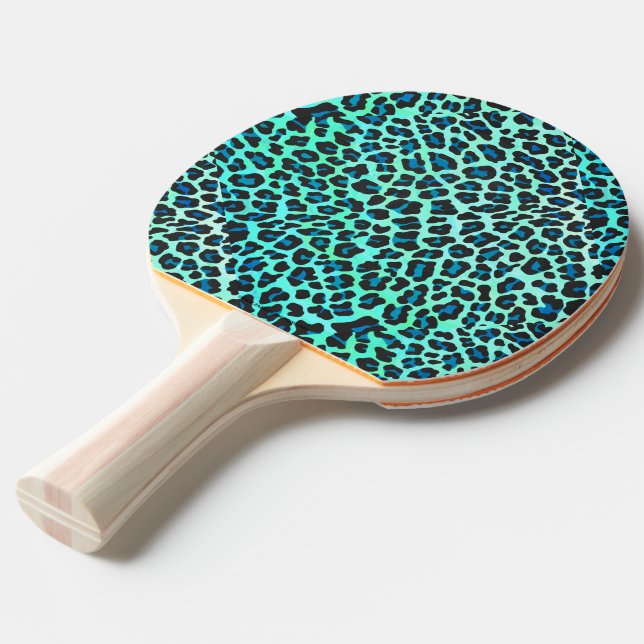 Leopard Black and Teal Print Ping Pong Paddle (Front Angle)