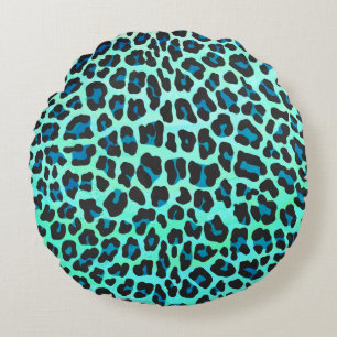 Leopard Black and Teal Print Round Pillow