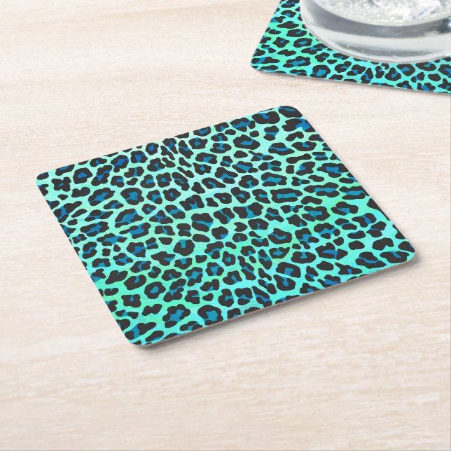 Leopard Black and Teal Print Square Paper Coaster (Angled)