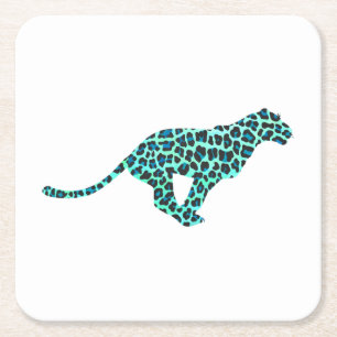 Leopard Black and Teal Print Square Paper Coaster