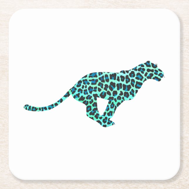 Leopard Black and Teal Print Square Paper Coaster (Front)