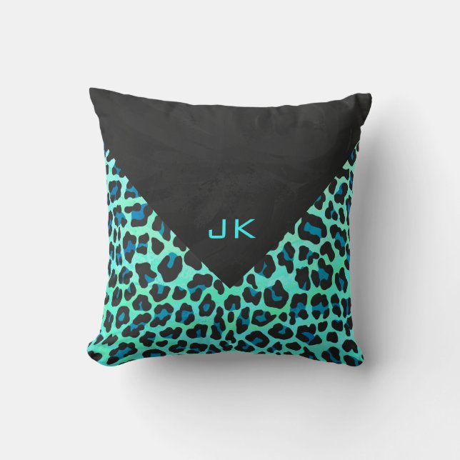 Leopard Black and Teal Print Throw Pillow (Front)