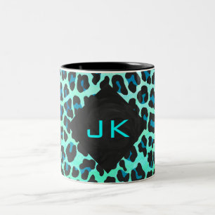 Leopard Black and Teal Print Two-Tone Coffee Mug