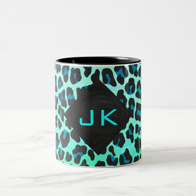 Leopard Black and Teal Print Two-Tone Coffee Mug (Center)