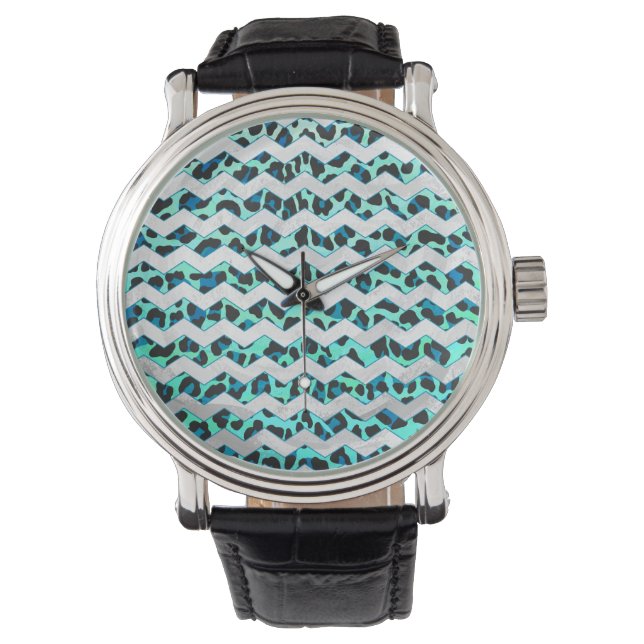 Leopard Black and Teal Print Watch (Front)