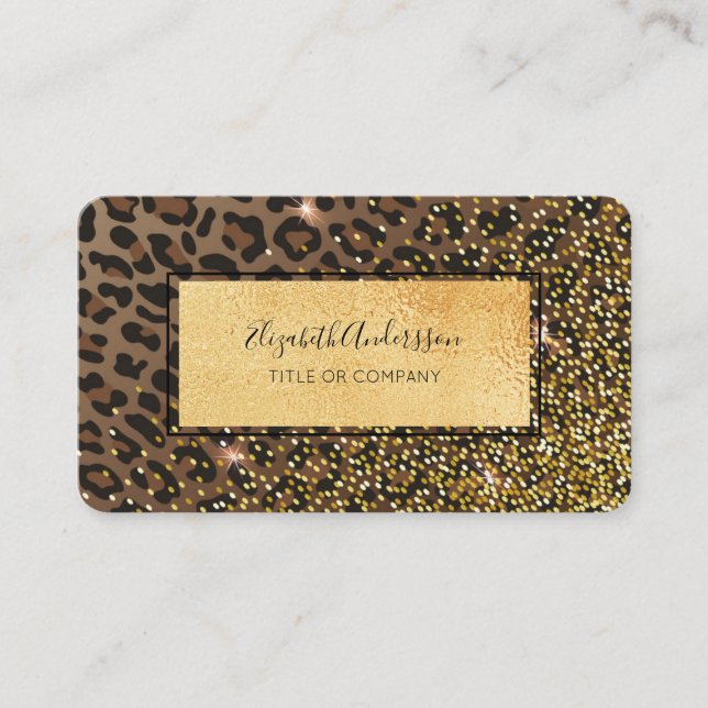 Leopard black brown sparkle gold foil glam business card (Front)