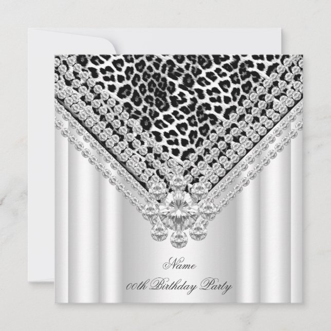 Leopard Black White Birthday Party Glitter Diamond Invitation (Front)