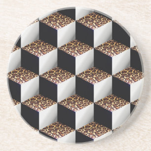 Leopard Black White Shaded 3D Look Cubes Coaster