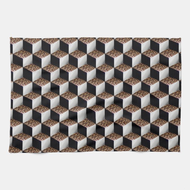 Leopard Black White Shaded 3D Look Cubes Kitchen Towel (Horizontal)
