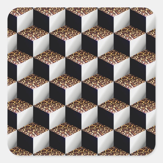 Leopard Black White Shaded 3D Look Cubes Square Sticker (Front)