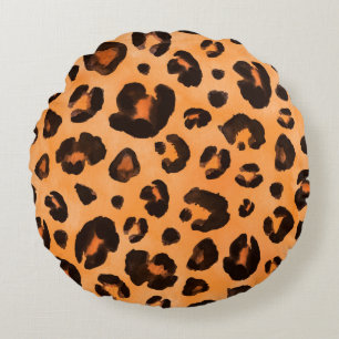 Leopard black yellow orange brown seamless backgro round pillow