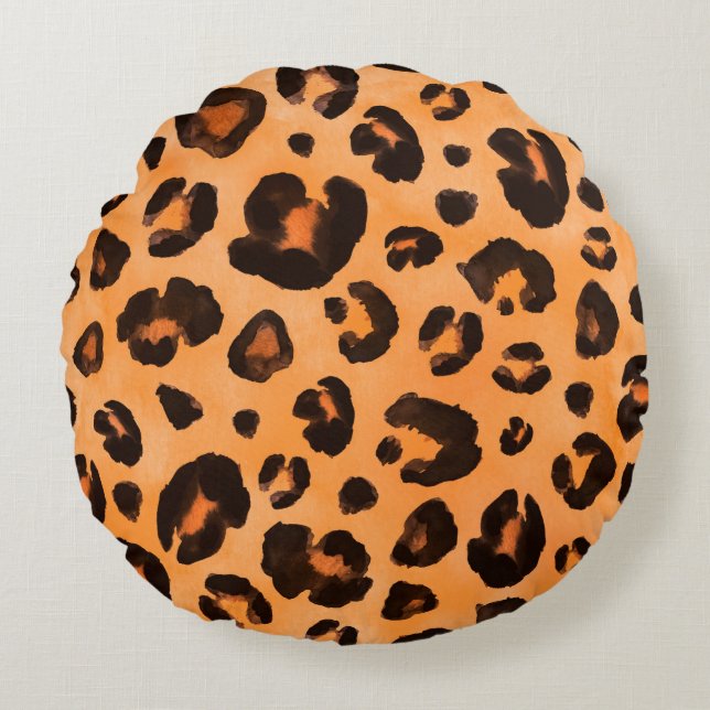 Leopard black yellow orange brown seamless backgro round pillow (Front)