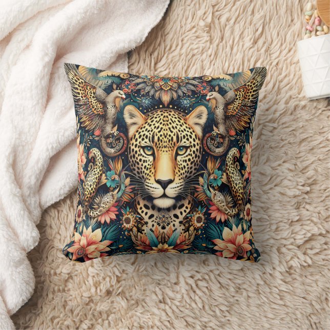 Leopard Bliss: Rest Among Tropical Birds Throw Pillow (Blanket)