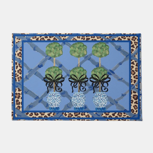 Leopard Blue Bamboo Chinoiserie Ginger Jar Doormat (Front)