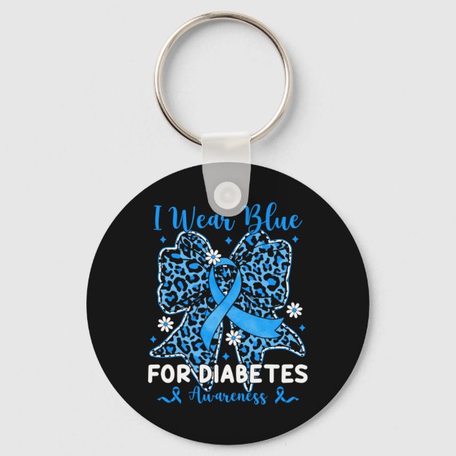 Leopard Bow I Wear Blue For Diabetes Awareness Keychain (Front)