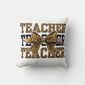 Leopard Bow Teacher School Pencil Cute Classroom Throw Pillow
