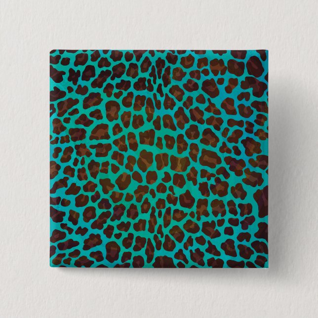 Leopard Brown and Teal Print 2 Inch Square Button (Front)