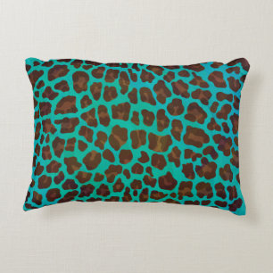 Leopard Brown and Teal Print Accent Pillow