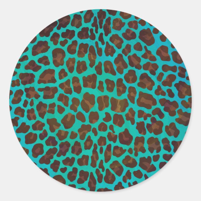 Leopard Brown and Teal Print Classic Round Sticker (Front)