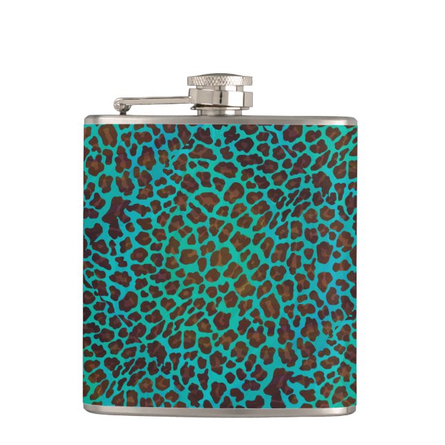 Leopard Brown and Teal Print Hip Flask (Front)