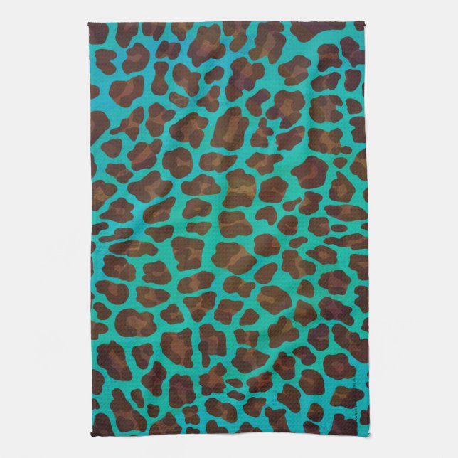 Leopard Brown and Teal Print Kitchen Towel (Vertical)