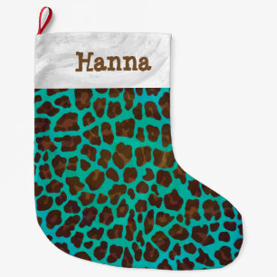 Leopard Brown and Teal Print Large Christmas Stocking