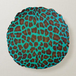 Leopard Brown and Teal Print Round Pillow
