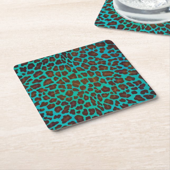 Leopard Brown and Teal Print Square Paper Coaster (Angled)