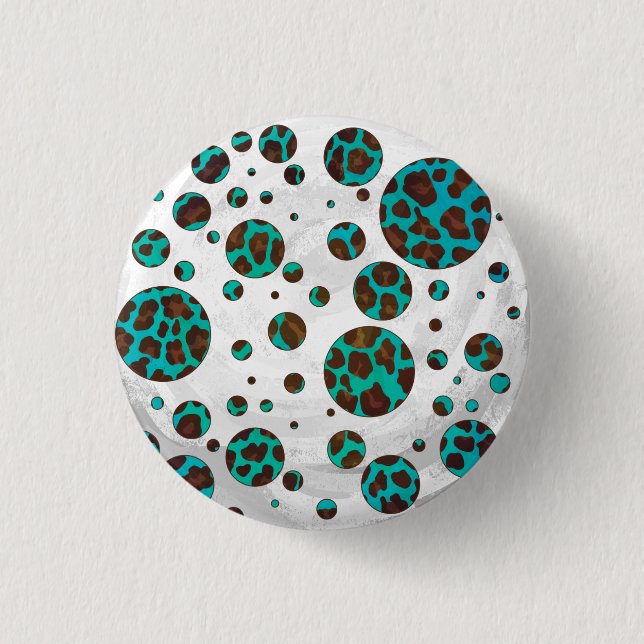 Leopard Brown and Teal PrintPolka Dots 1 Inch Round Button (Front)