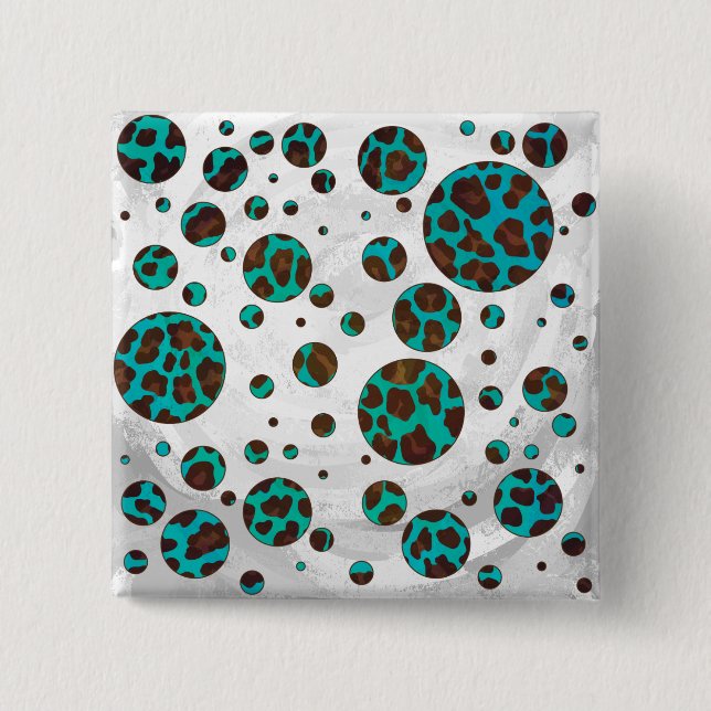 Leopard Brown and Teal PrintPolka Dots 2 Inch Square Button (Front)