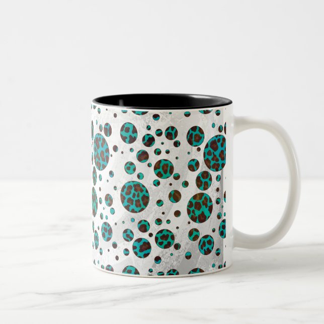 Leopard Brown and Teal PrintPolka Dots Two-Tone Coffee Mug (Right)