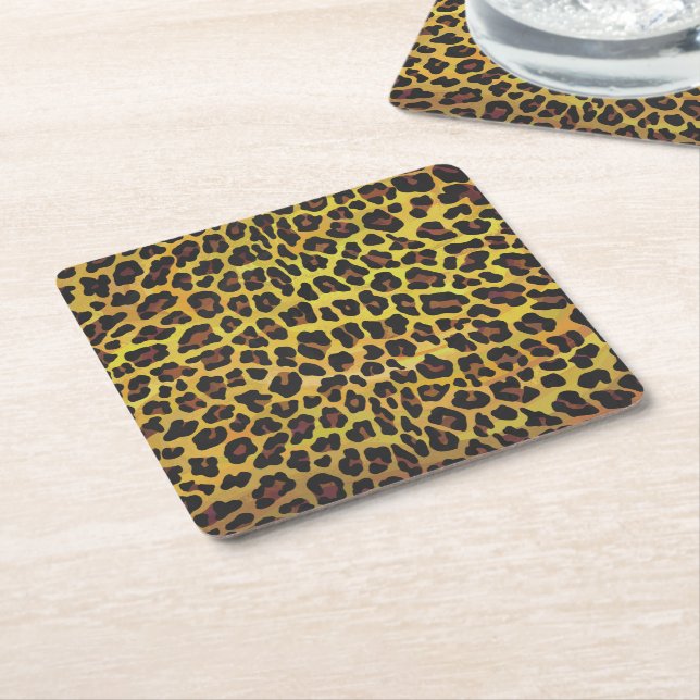 Leopard Brown and Yellow Print Square Paper Coaster (Angled)
