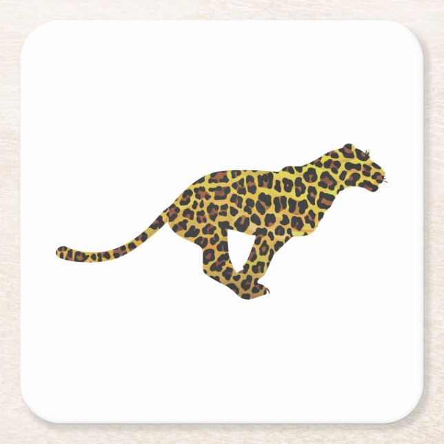 Leopard Brown and Yellow Silhouette Square Paper Coaster (Front)