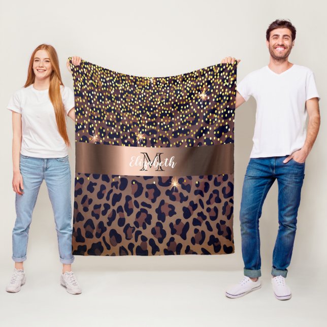 Leopard brown black golden bronze monogram fleece blanket (In Situ)