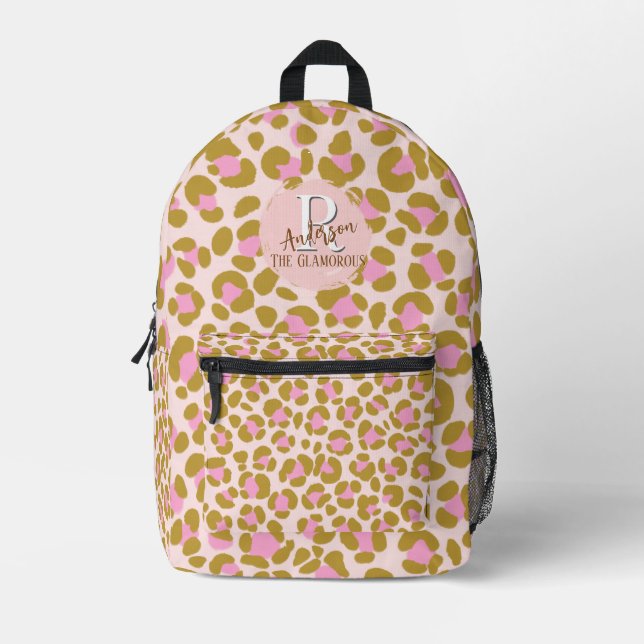 Leopard Brown Pink Beige Personalized Printed Backpack (Front)