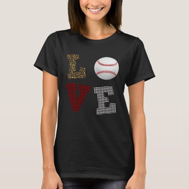Leopard Buffalo Plaid Baseball Player Valentine s  T-Shirt (Front)