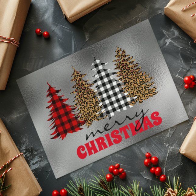 Leopard Buffalo Plaid Christmas Tree Silver  Card (Creator Uploaded)