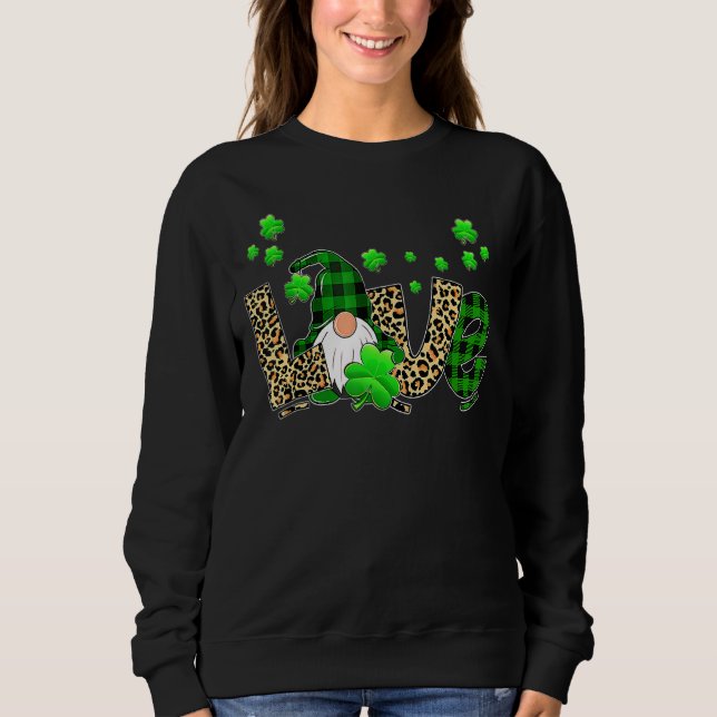 Leopard Buffalo Plaid Love St Patricks Day Gnomes  Sweatshirt (Front)