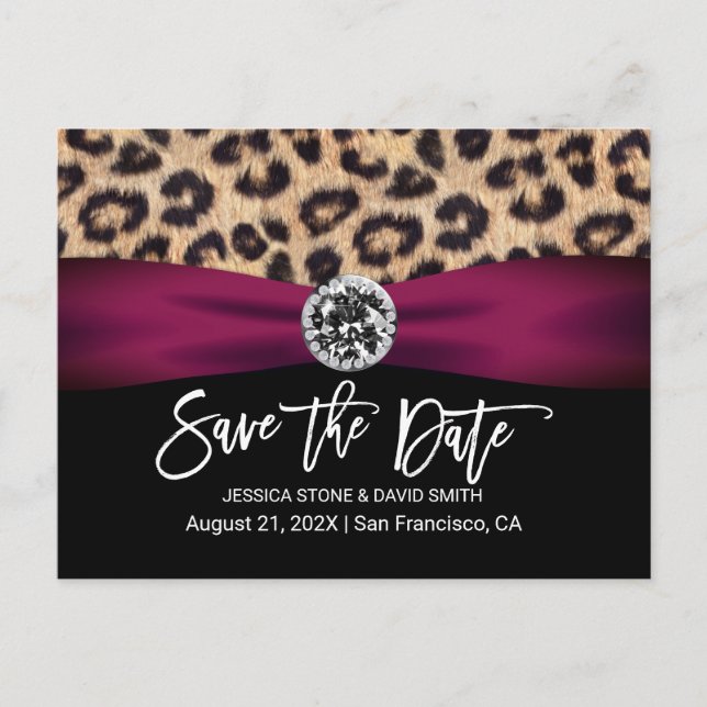 Leopard Burgundy Ribbon Elegant Wedding Announcement Postcard (Front)