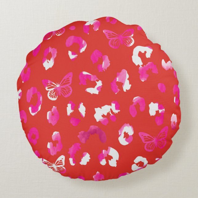 Leopard Butterfly Orange pink Round Pillow (Back)